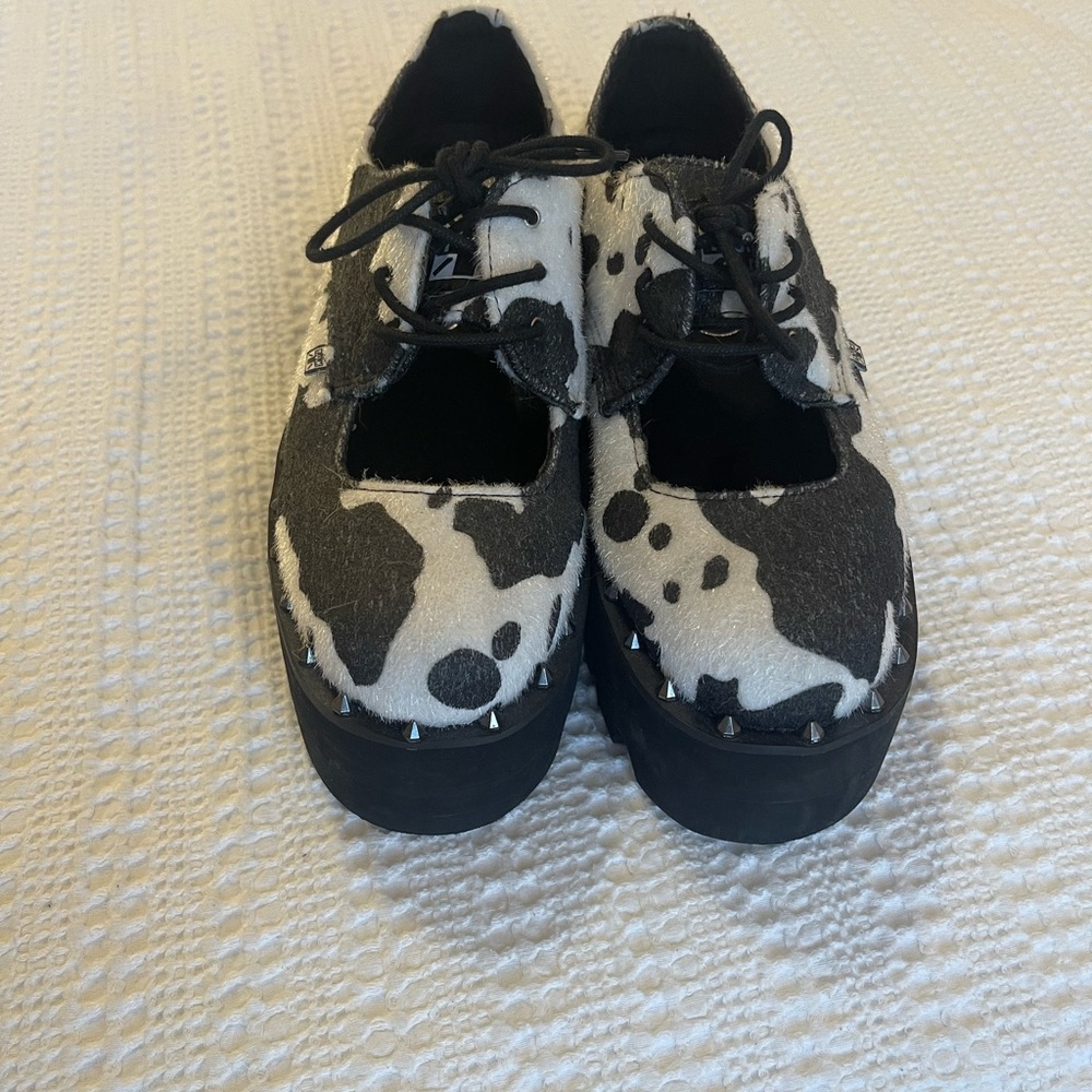 T.U.K Black and White Platform Shoes with Cow Print